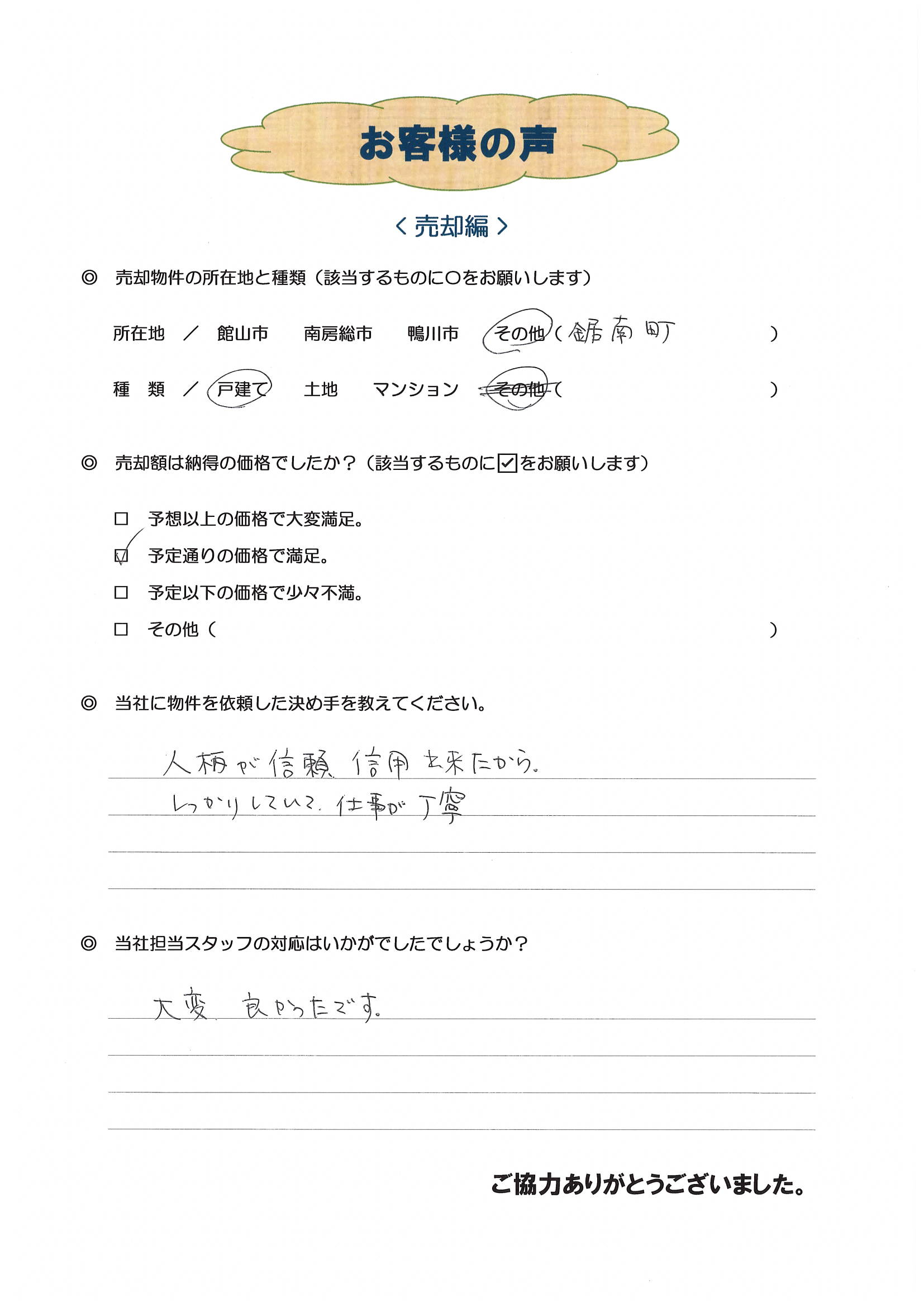 お客様の声（安房郡鋸南町元名Ｏ様中古戸建売却）